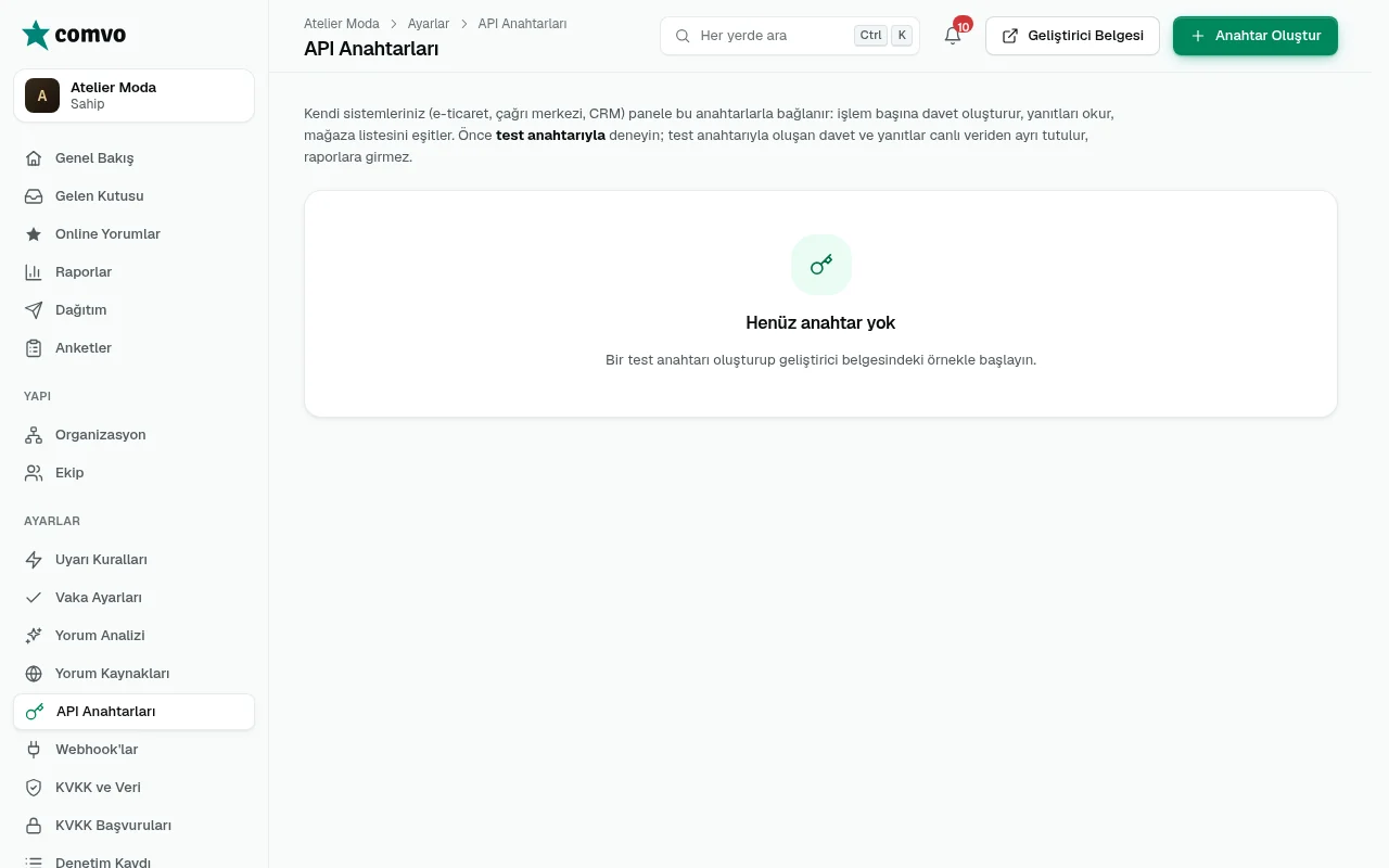 API Anahtarları ekranı
