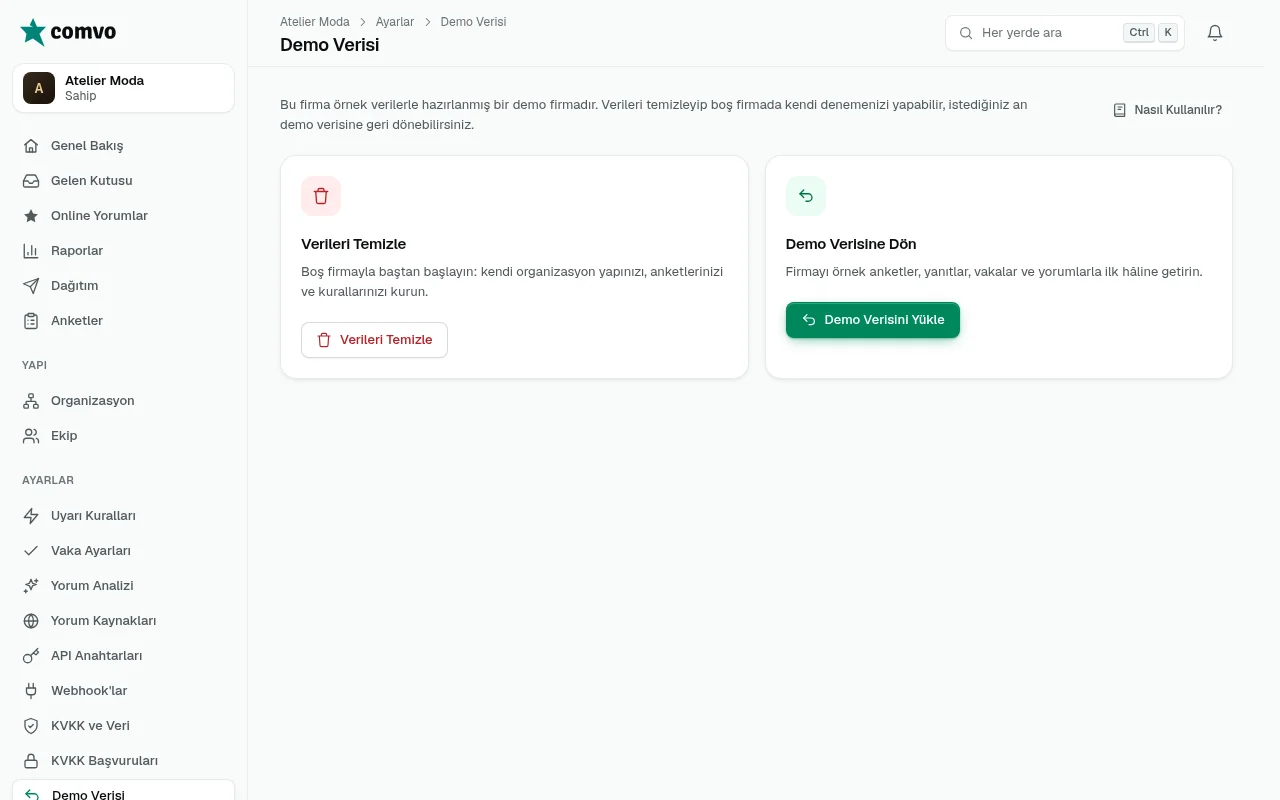 Demo Verisi ekranı