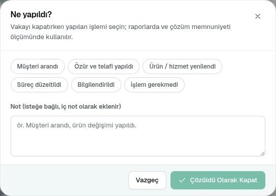 Vaka çözülürken açılan Ne yapıldı penceresi