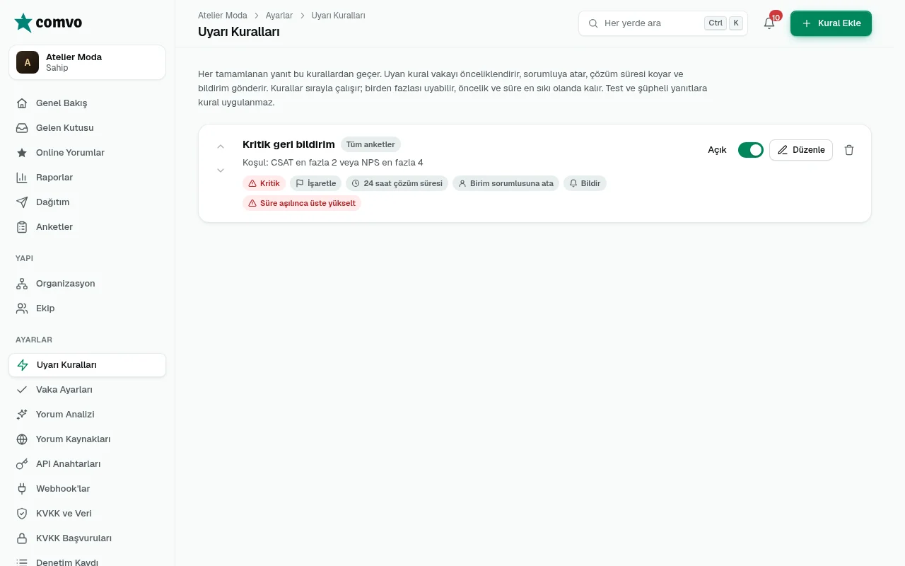 Uyarı kuralları listesi