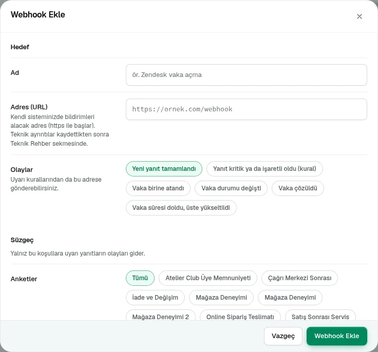 Webhook ekleme penceresi
