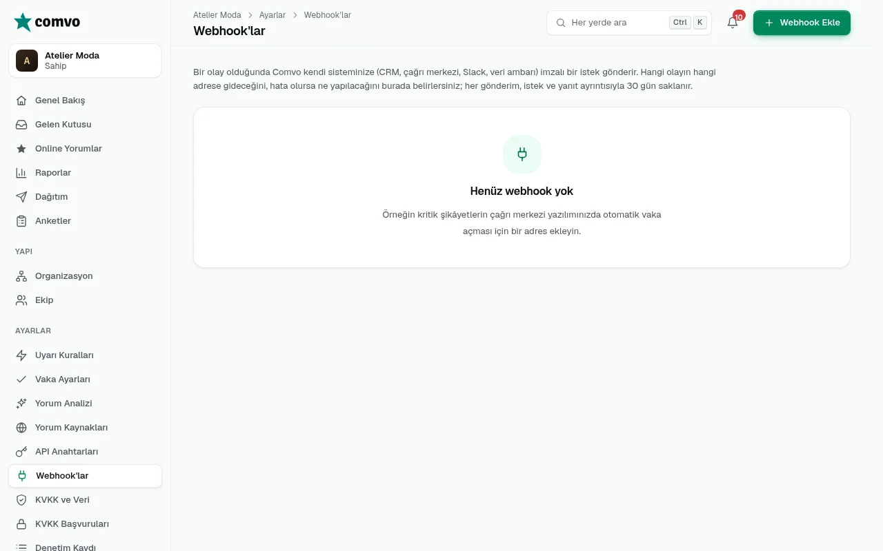Webhook'lar ekranı